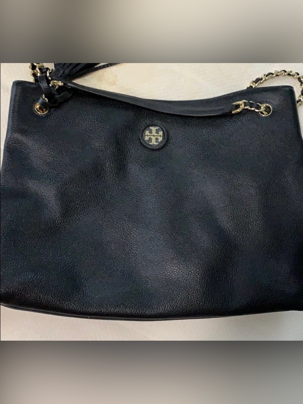 Tory Burch Black Leather Tote with Gold Zip Detail